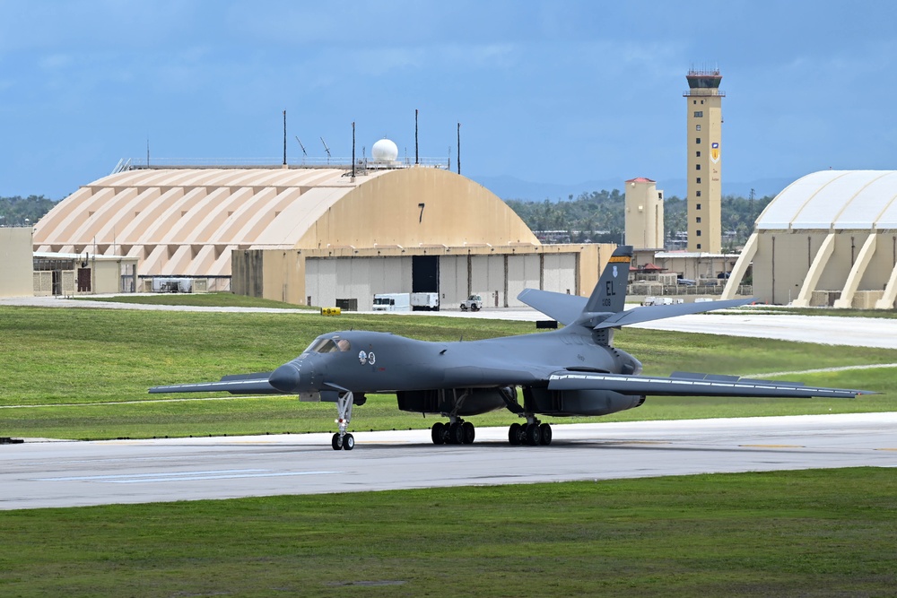 37th Expeditionary Bomb Squadron B-1B Lancers returns from a training mission during BTF 24-6