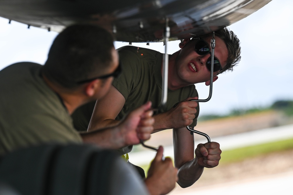 37th Expeditionary Bomb Squadron B-1B Lancers returns from a training mission during BTF 24-6