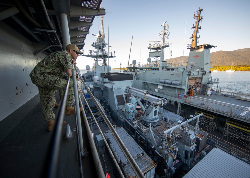 Emory S. Land Moors RN and RAN Vessels Alongside in Cairns, Australia