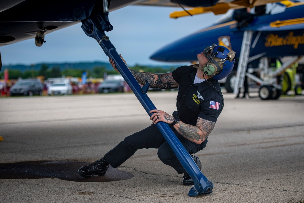 The Navy Flight Demonstration Squadron, the Blue Angels, perform in La Crosse, WI.