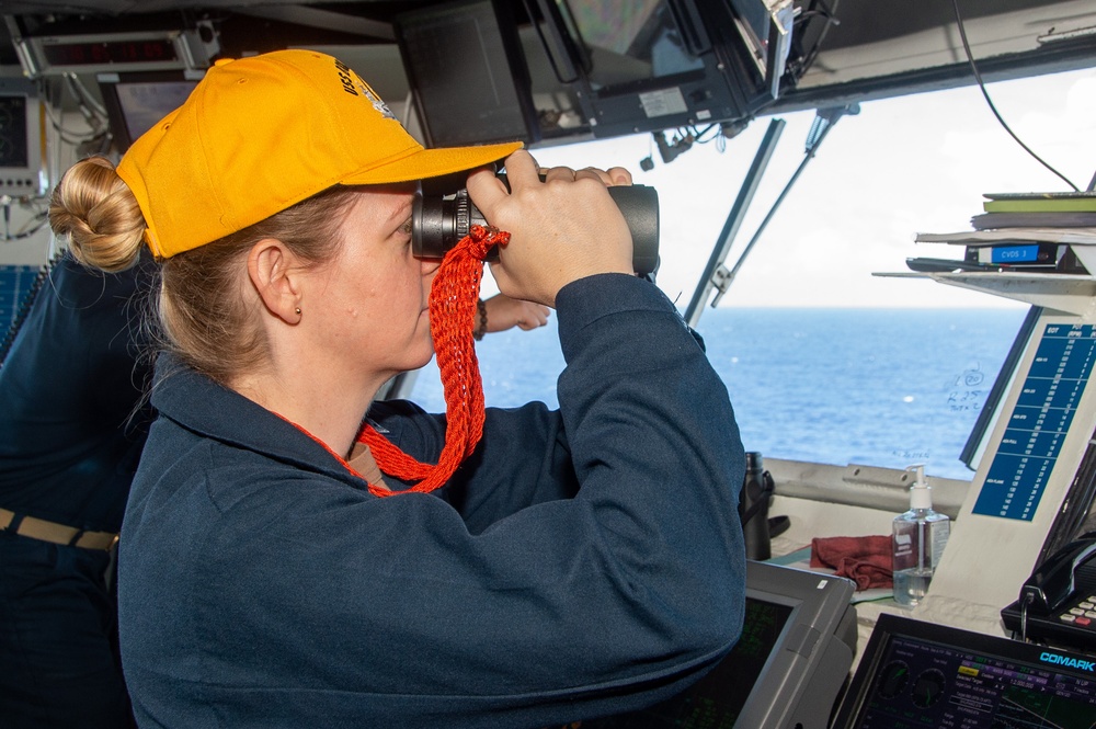 USS Ronald Reagan (CVN 76) Sailors stand watch  in the pilot house