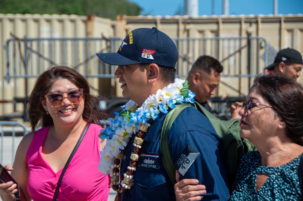 USS Ronald Reagan (CVN 76) Sailors greet family on the pier after arriving at Naval Base Guam for scheduled port visit
