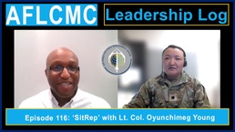 A thumbnail graphic for AFLCMC's "Leadership Log" podcast, episode 116.
