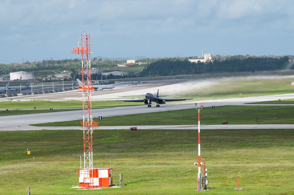 37th Expeditionary Bomb Squadron B-1B Lancers take off from Andersen AFB to redeploy back to Ellsworth AFB.