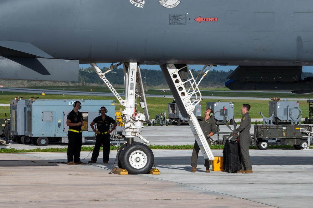 37th Expeditionary Bomb Squadron B-1B Lancers take off from Andersen AFB to redeploy back to Ellsworth AFB.