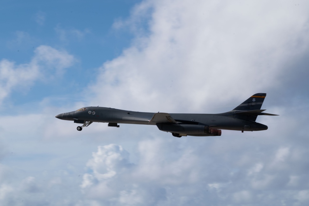 37th Expeditionary Bomb Squadron B-1B Lancers take off from Andersen AFB to redeploy back to Ellsworth AFB.