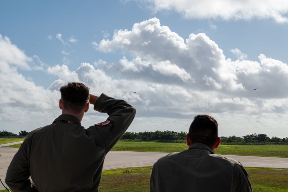 37th Expeditionary Bomb Squadron B-1B Lancers take off from Andersen AFB to redeploy back to Ellsworth AFB.