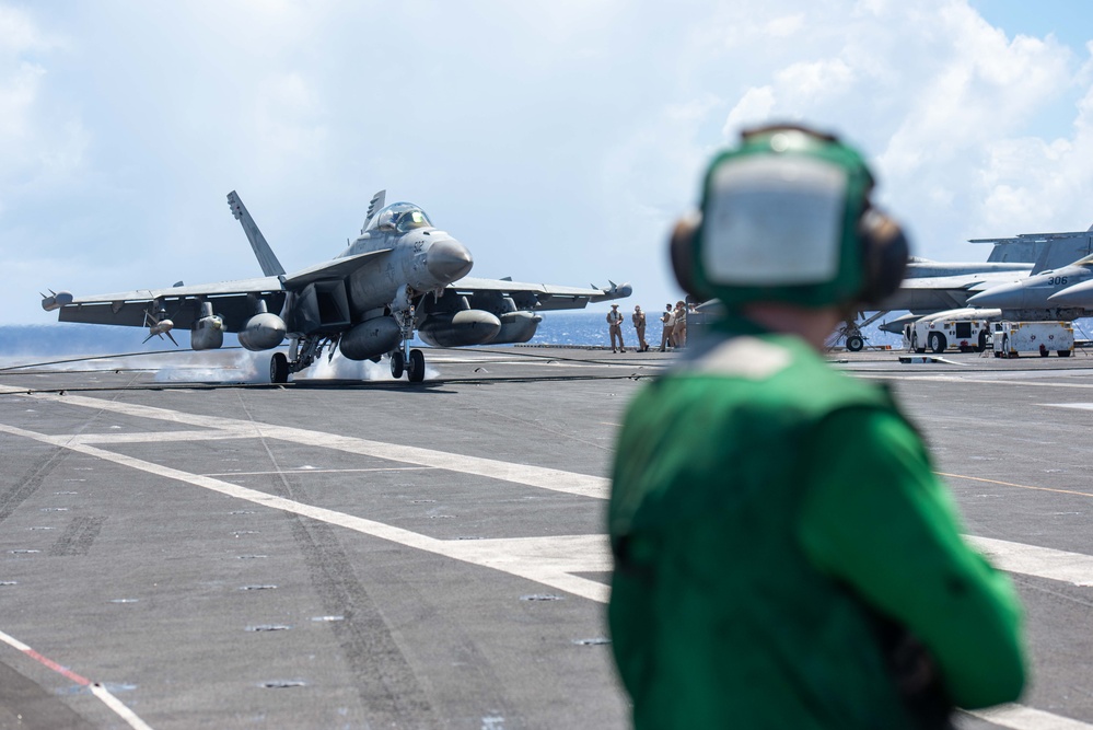 USS Ronald Reagan (CVN76) Sailors conduct flight deck operations