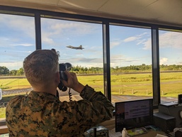 Marine Corps air traffic controllers man international airport during Valiant Shield 24
