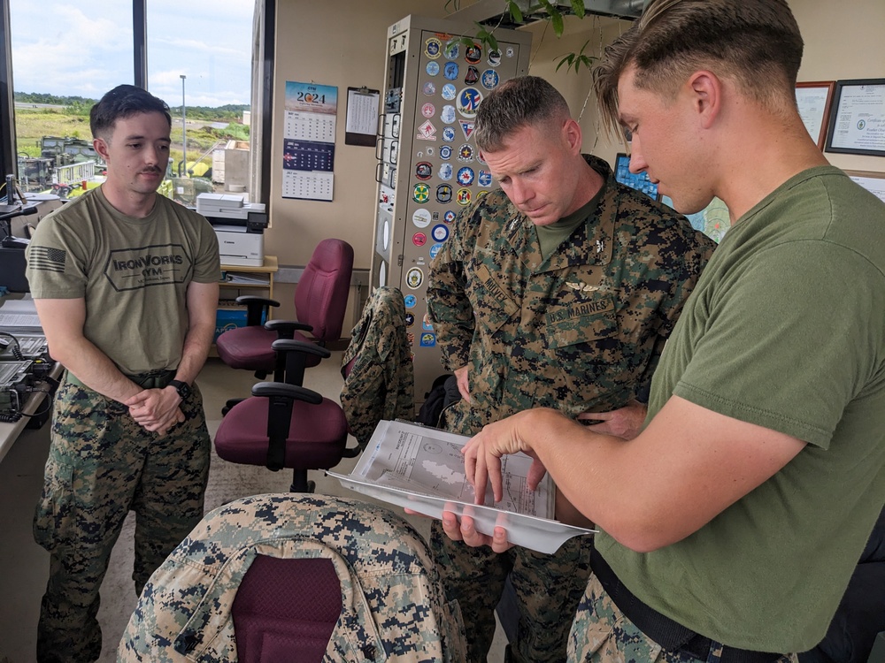 Marine Corps air traffic controllers man international airport during Valiant Shield 24
