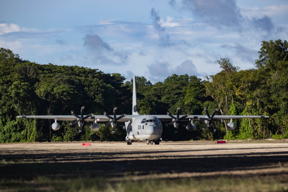 Marine Aerial Refueler Squadron KC130J Super Hercules demonstrates Angaur Airfield is operational and open for use
