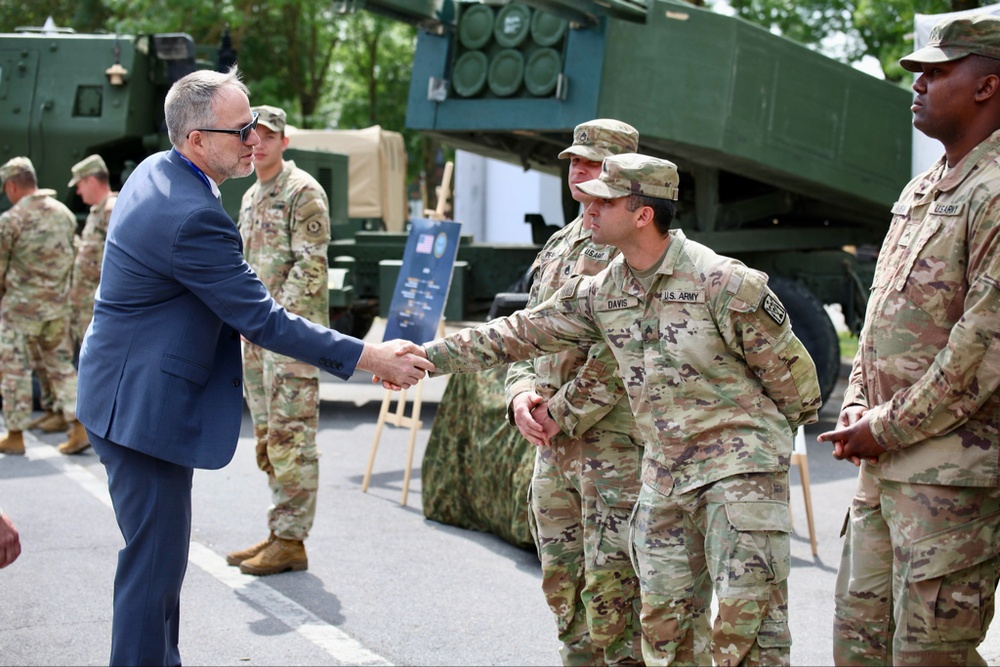 Deputy Chief of Mission David McCawley speaks to 3rd ABCT soldiers at EUROSATORY 2024