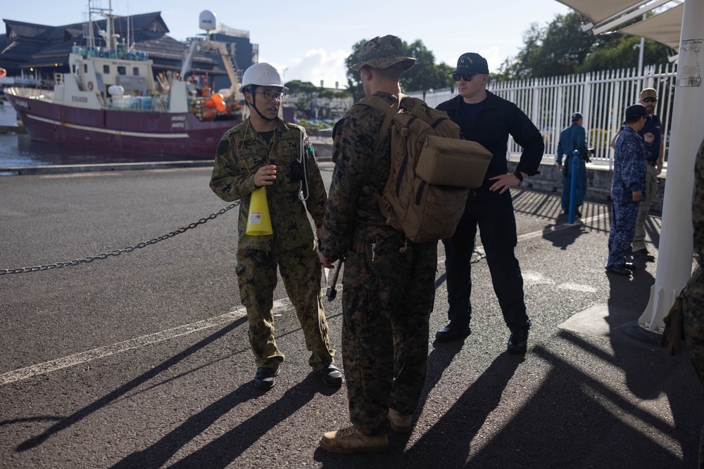 U.S Marines, French soldiers participate in embarkation ceremony on Japanese vessel during Marara 24
