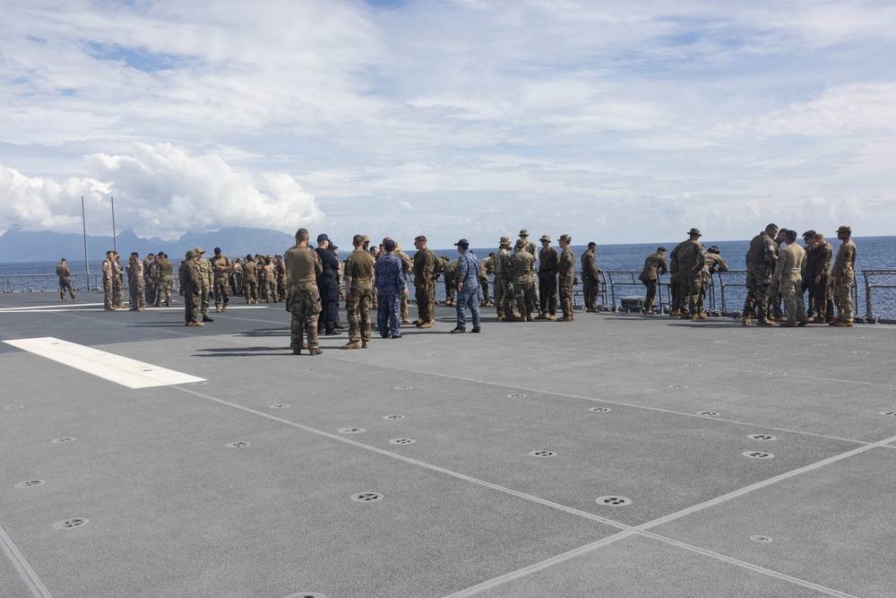 U.S Marines, French soldiers participate in embarkation ceremony on Japanese vessel during Marara 24