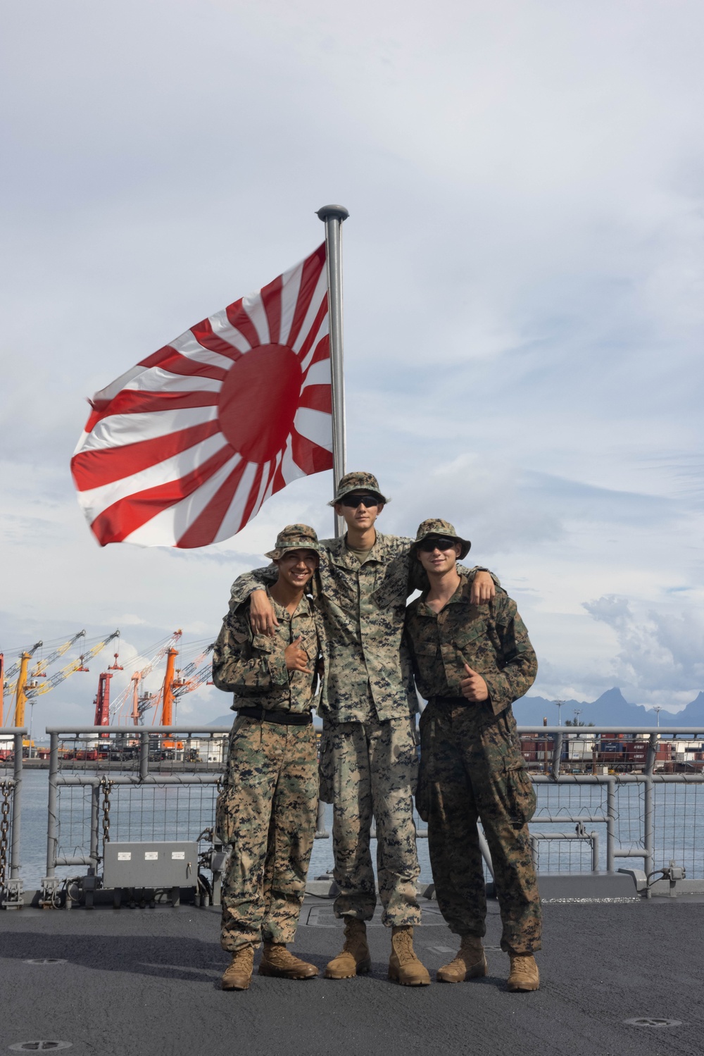 U.S Marines, French soldiers participate in embarkation ceremony on Japanese vessel during Marara 24