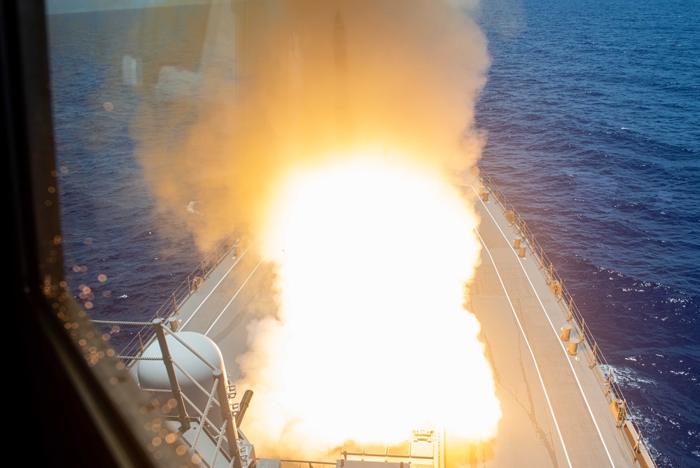 Japan Maritime Self-Defense Force Destroyer JS Maya (DDG 179) launches a missile in support of Valiant Shield 2024