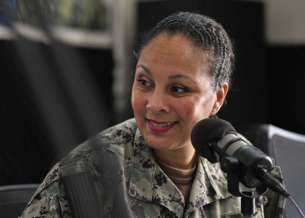 Cmdr. Braxton speaks to Canadian Lt. Cmdr. Davidson-Arnott about Mental Wellness on Deployments During Wellness Wednesday on AFN Bahrain