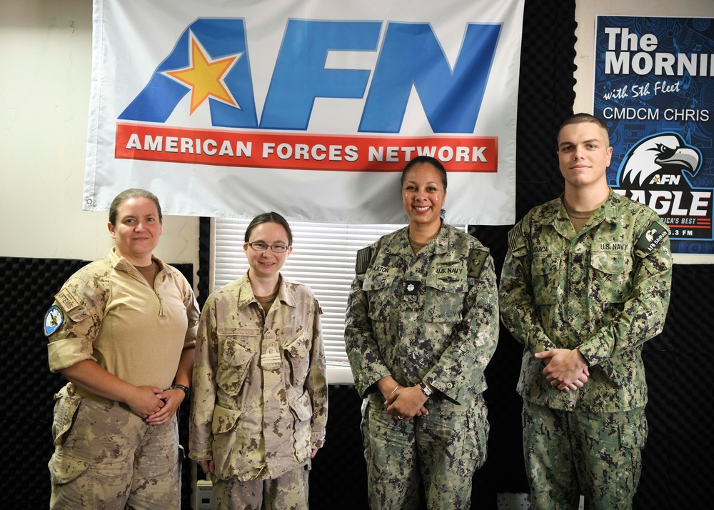 Cmdr. Braxton speaks to Canadian Lt. Cmdr. Davidson-Arnott about Mental Wellness on Deployments During Wellness Wednesday on AFN Bahrain