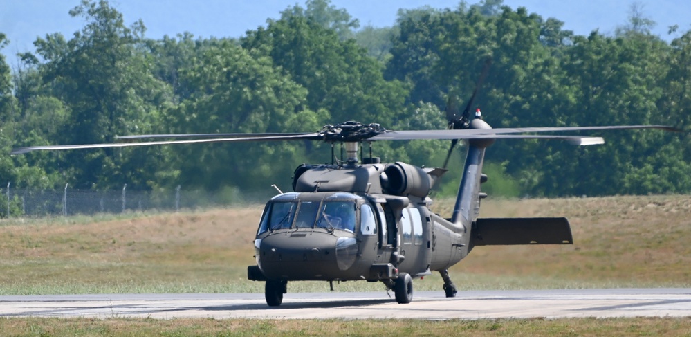 UH-60 Black Hawk Helicopters fly around Fort Indiantown Gap