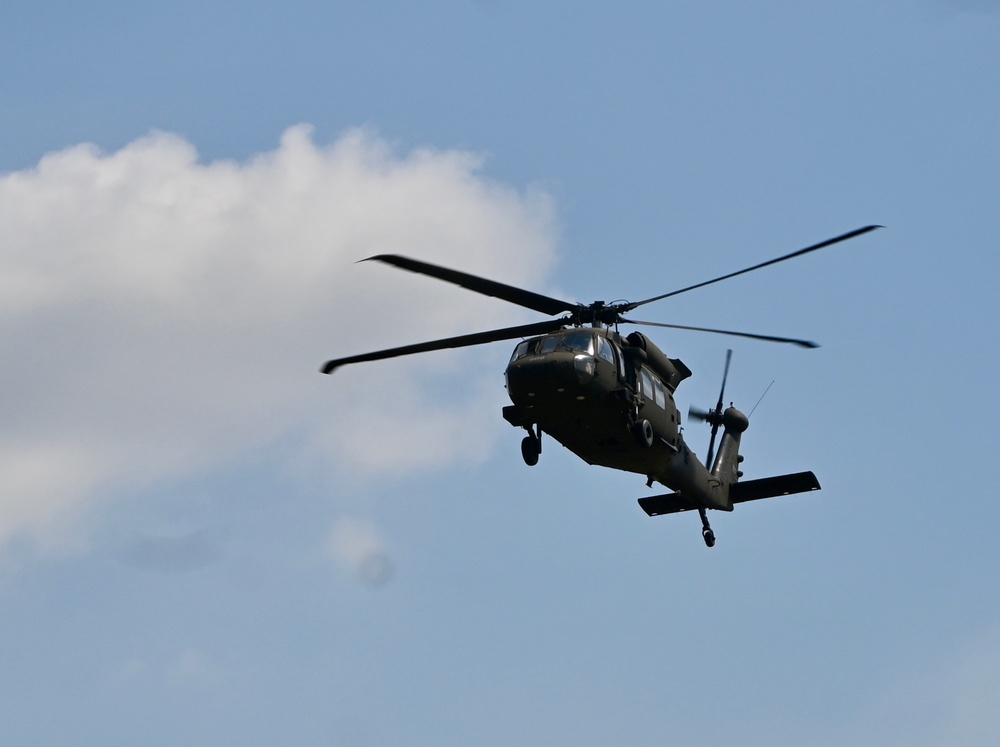 UH-60 Black Hawk Helicopters fly around Fort Indiantown Gap