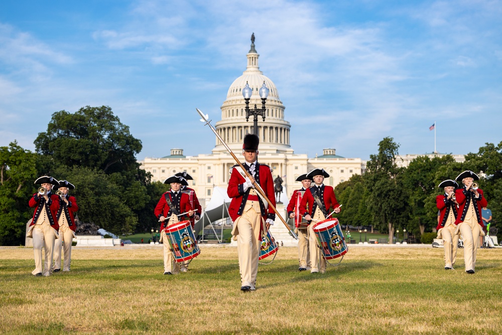 The 3d U.S. Infantry Fife and Drum Corps and U.S. Army Drill team perform in support of the 2024 US Capitol Summer Concert Series at the United States Capitol, June 25, 2024. (U.S. Army photo by Sgt. Oscar Toscano)