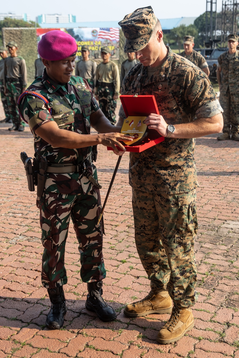 Members of Indonesian Korps Marinir, 1st Recon Bn. Marines hold closing ceremony for reconnaissance exchange