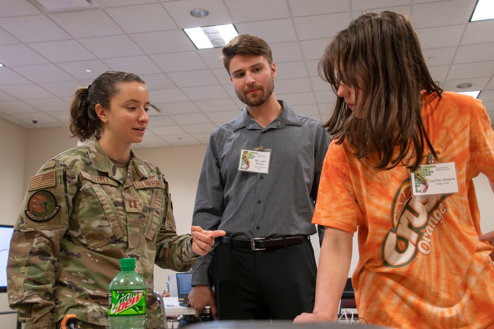 Capt. Melissa Steele, Chief of Training 179th Cyberspace Wing Operation Support Squadron, leads an Electronics for Beginners Workshop.