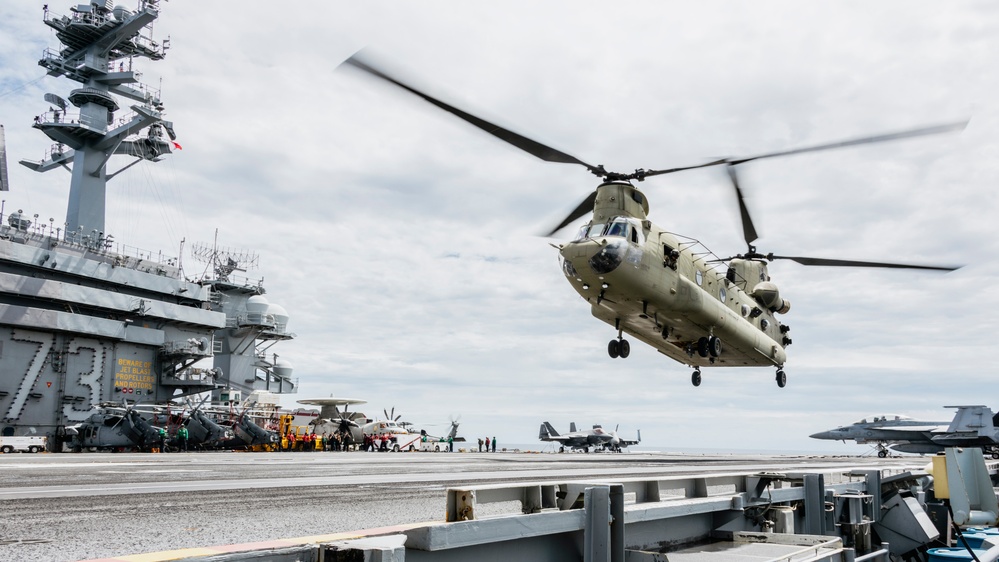 An Army CH-47 Chinook Conducts Deck Landing Qualifications on George Washington