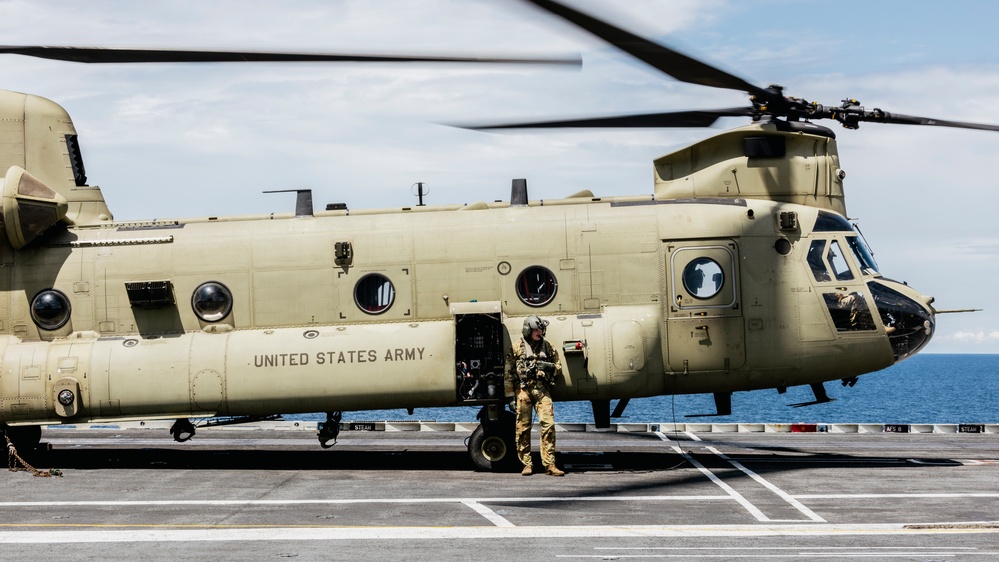 Army CH-47 Chinook Conducts Deck Landing Qualifications on George Washington