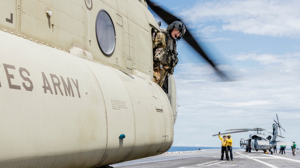 An Army CH-47 Chinook Conducts Deck Landing Qualifications on George Washington