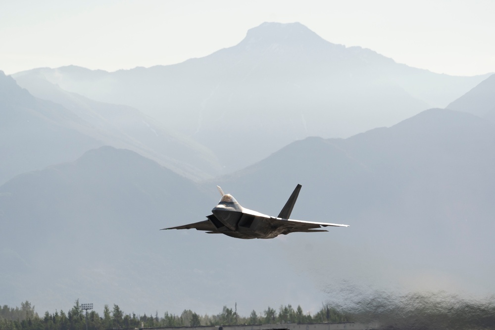 USAF F-22 Raptors and German Air Force PA-200 Tornados train at JBER