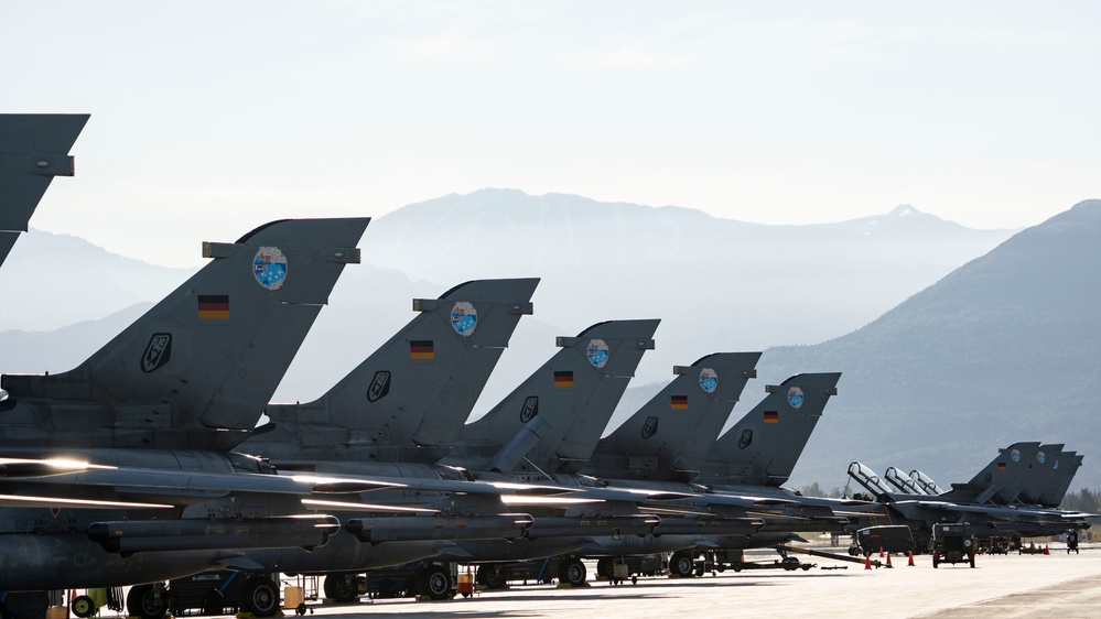 USAF F-22 Raptors and German Air Force PA-200 Tornados train at JBER