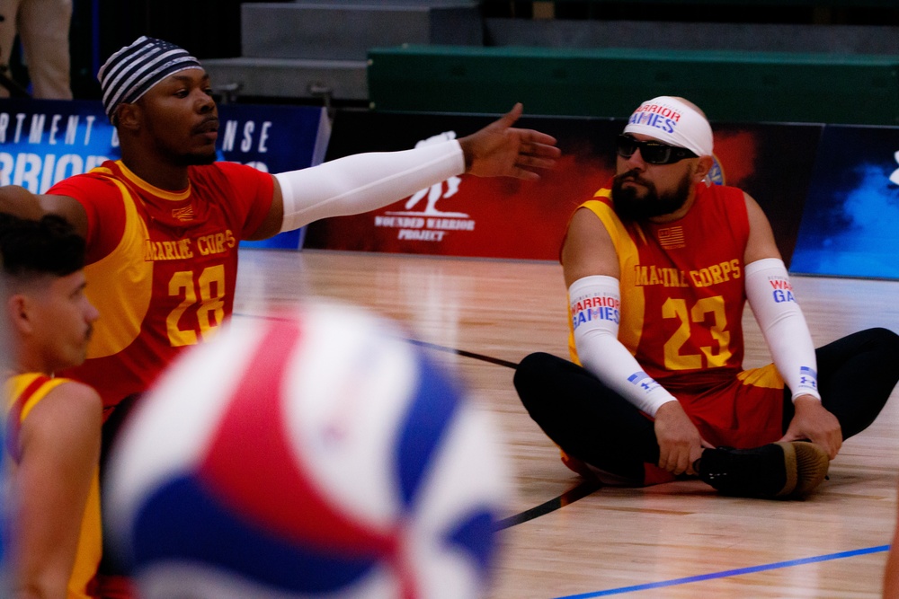 Athletes compete in the 2024 DoD Warrior Games sitting volleyball bracket play