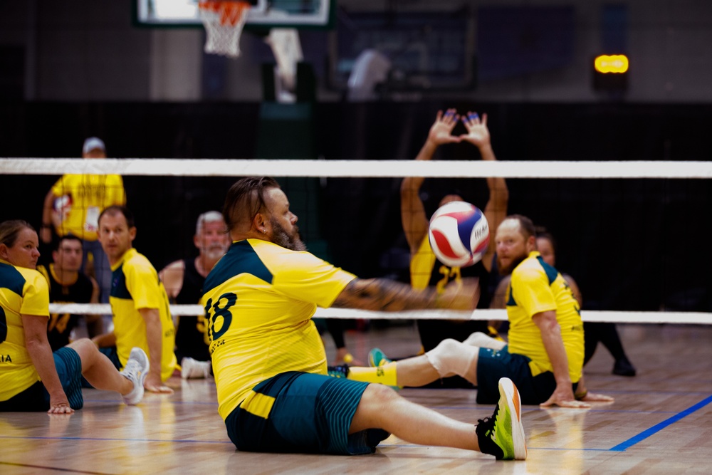 Athletes compete in the 2024 DoD Warrior Games sitting volleyball bracket play