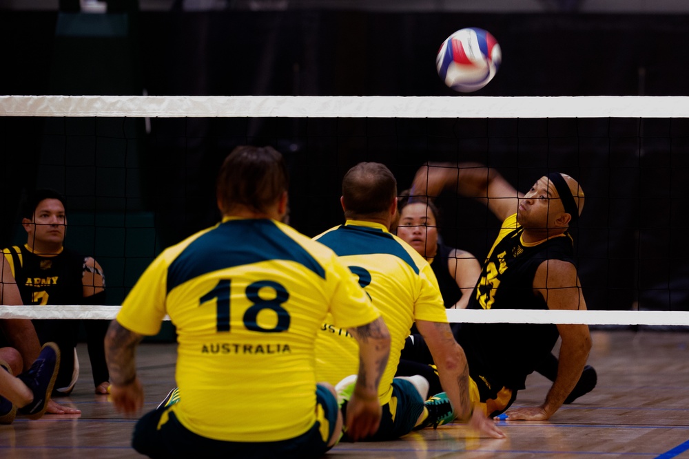 Athletes compete in the 2024 DoD Warrior Games sitting volleyball bracket play