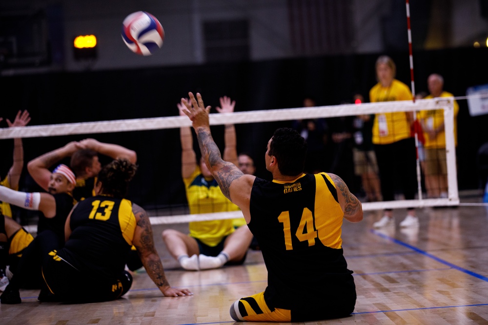 Athletes compete in the 2024 DoD Warrior Games sitting volleyball bracket play