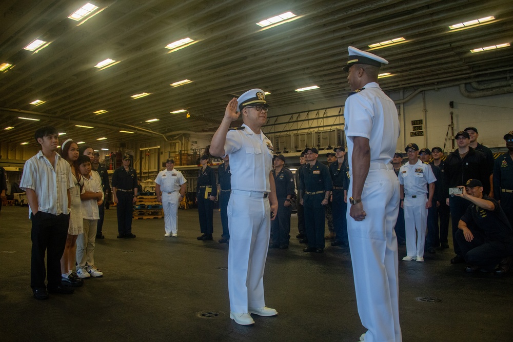 The USS America (LHA 6) hosts a promotion ceremony in Sasebo Bay