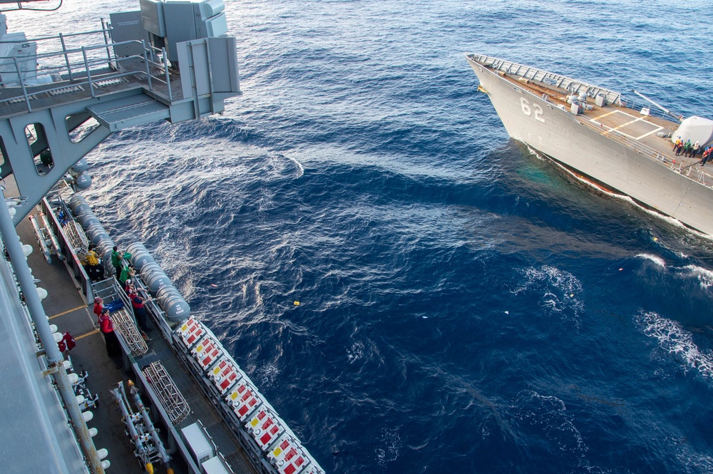 USS Ronald Reagan (CVN 76) conducts fueling-at-sea with USS Robert Smalls (CG 62)