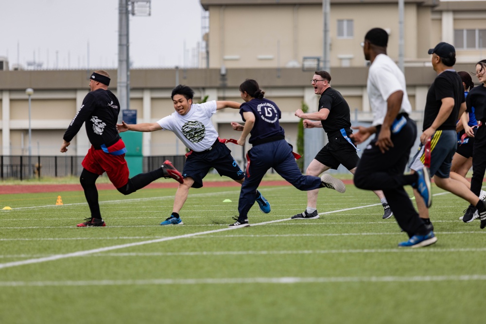 U.S. Marines and members of Japan Self Defense Force compete in a rugby match at Marine Corps Air Station Iwakuni