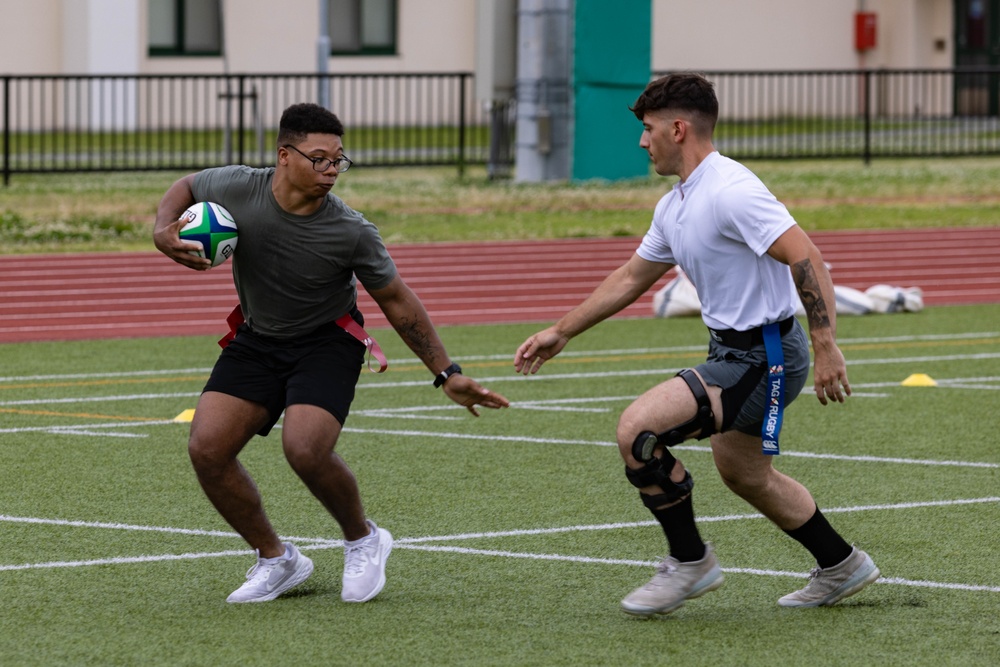 U.S. Marines and members of Japan Self Defense Force compete in a rugby match at Marine Corps Air Station Iwakuni