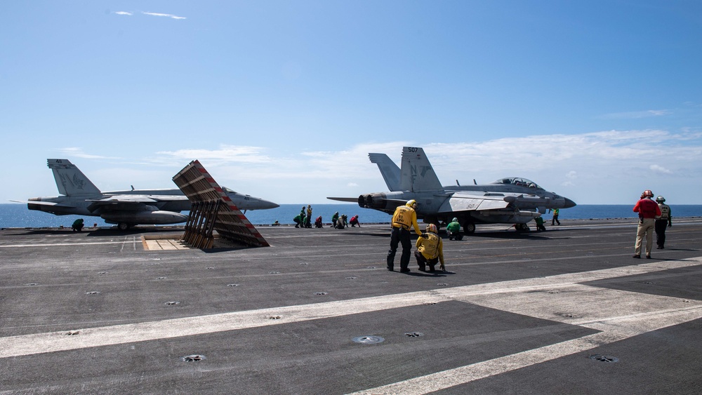 USS Ronald Reagan (CVN76) Sailors conduct flight deck operations