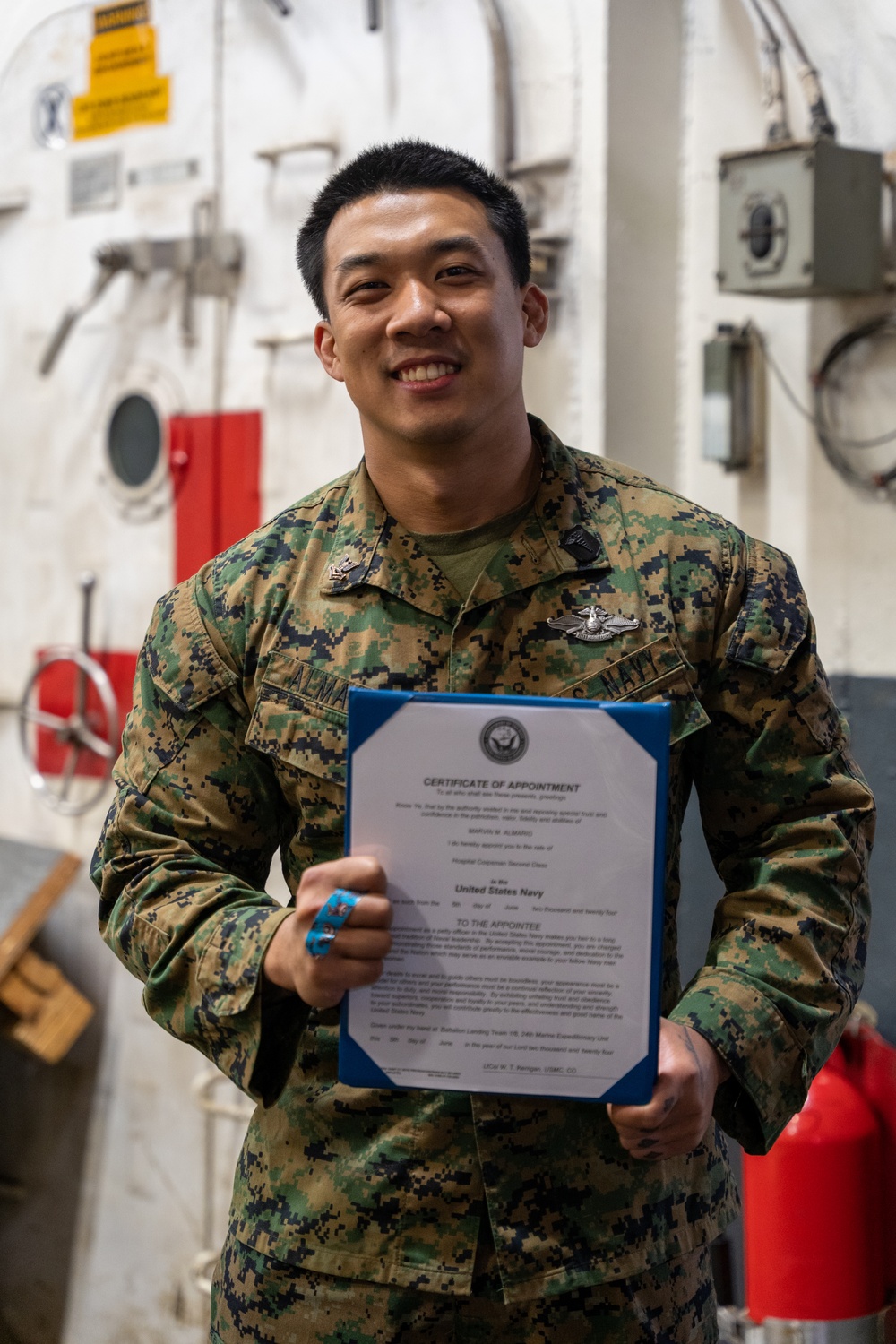 HM2 Marvin Almario Receives Fleet Marine Force Warfare Insignia