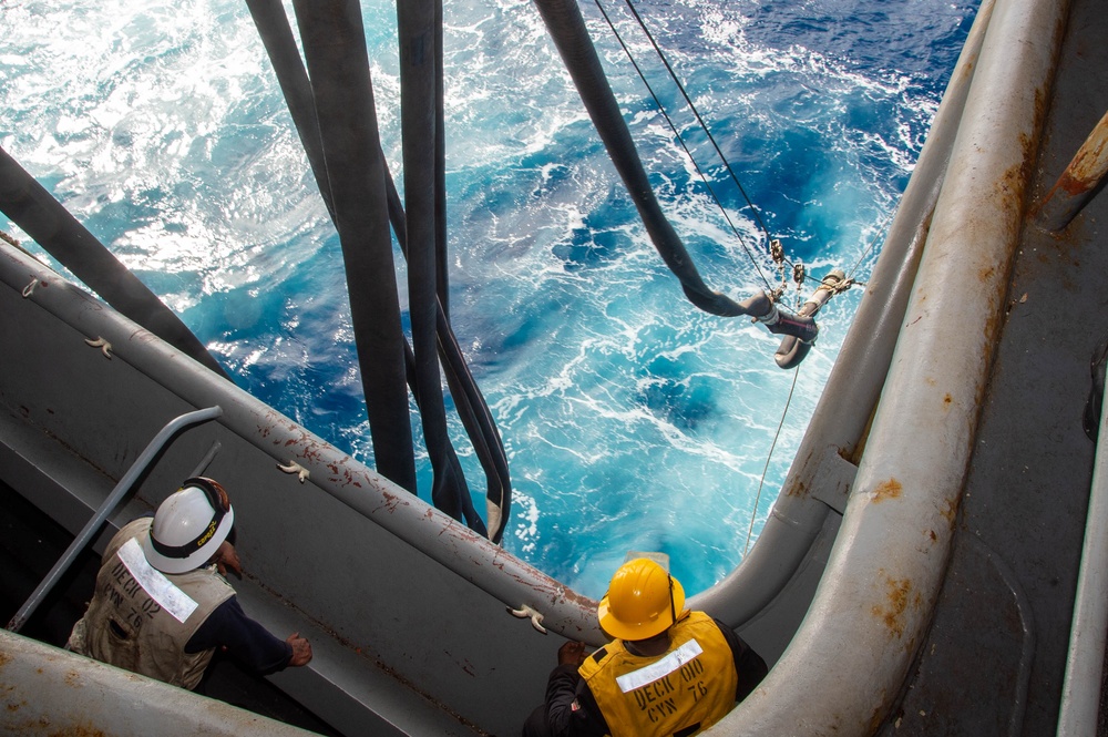 USS Ronald Reagan (CVN 76) conducts fueling-at-sea with USS Curtis Wilbur (DDG 54)