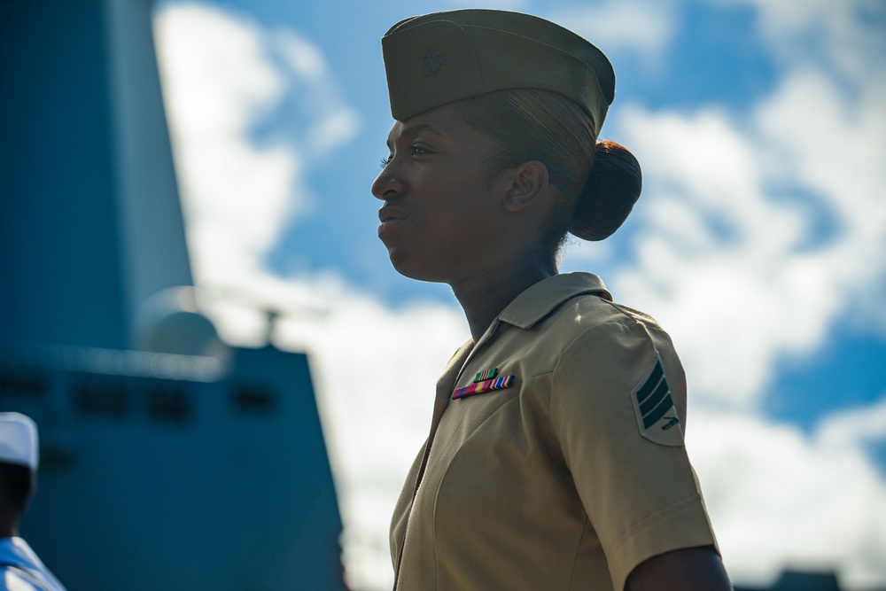 US Marines and Sailors man the rails aboard USS Somerset for RIMPAC 2024