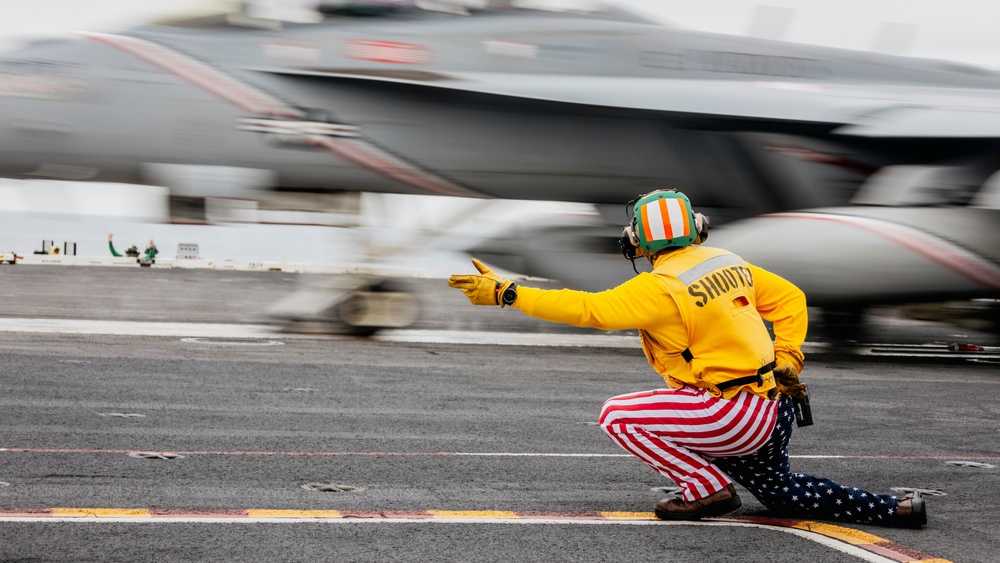 Patriotic Shooters Launch Aircraft on the Flight Deck of George Washington