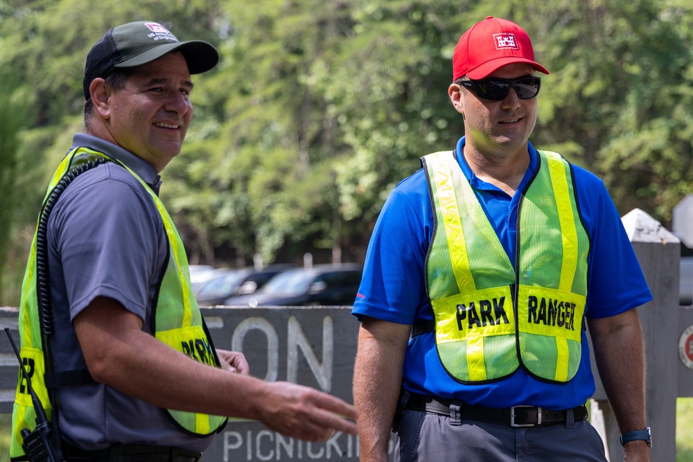 Col. Chapman and Chief Ranger Grimes Moderate Traffic at Burton Mill Park