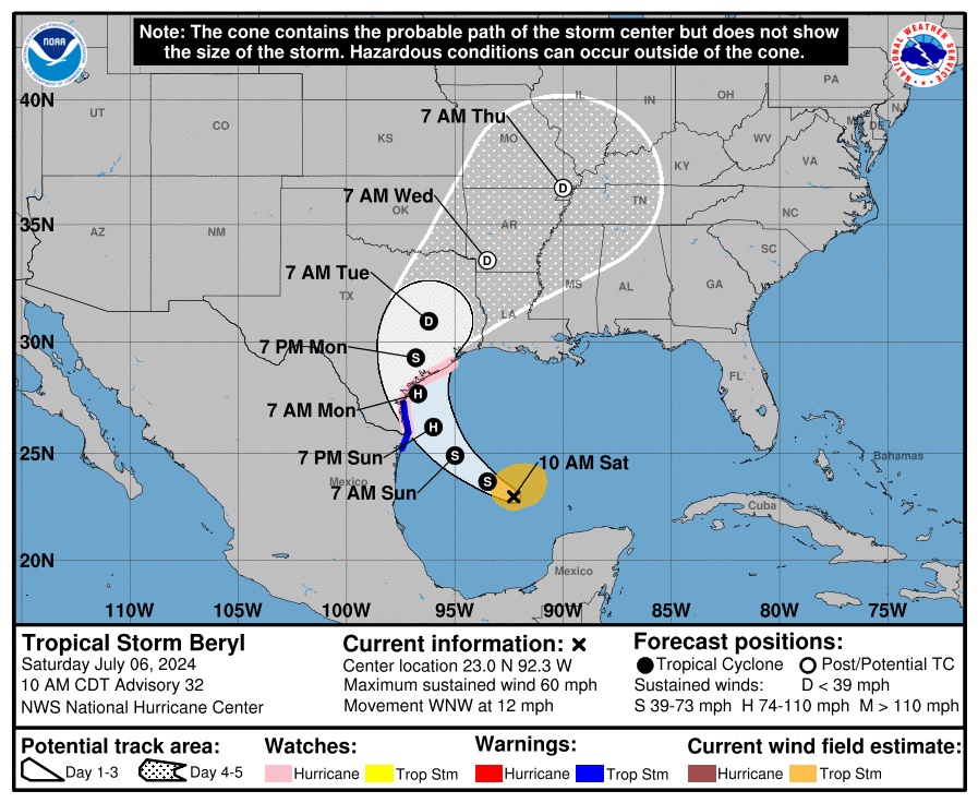 National Hurricane Center Tropical Storm Beryl Graphic 06 July 2024