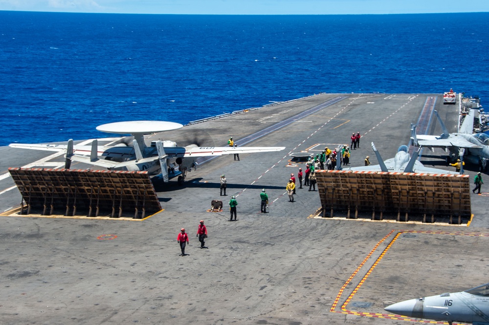 USS Ronald Reagan (CVN76) Sailors conduct flight deck operations