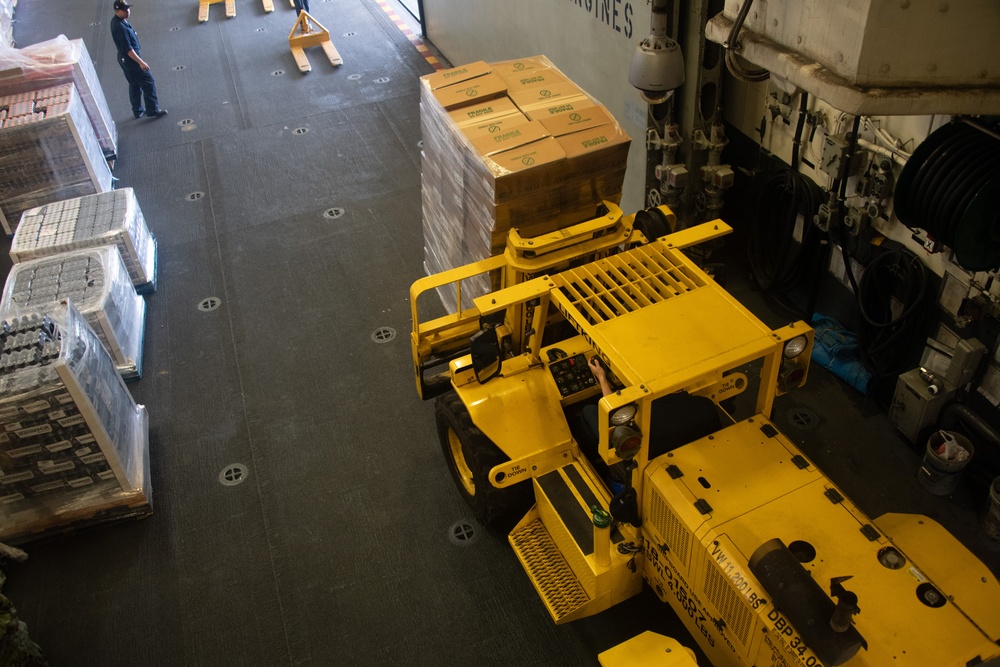 USS America (LHA 6) conducts supply onload.