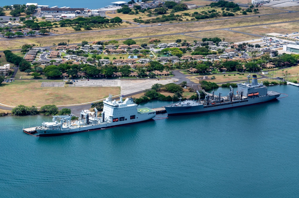 RIMPAC 2024: Aerial view of MV Asterix, USNS Pecos moored at Ford Island